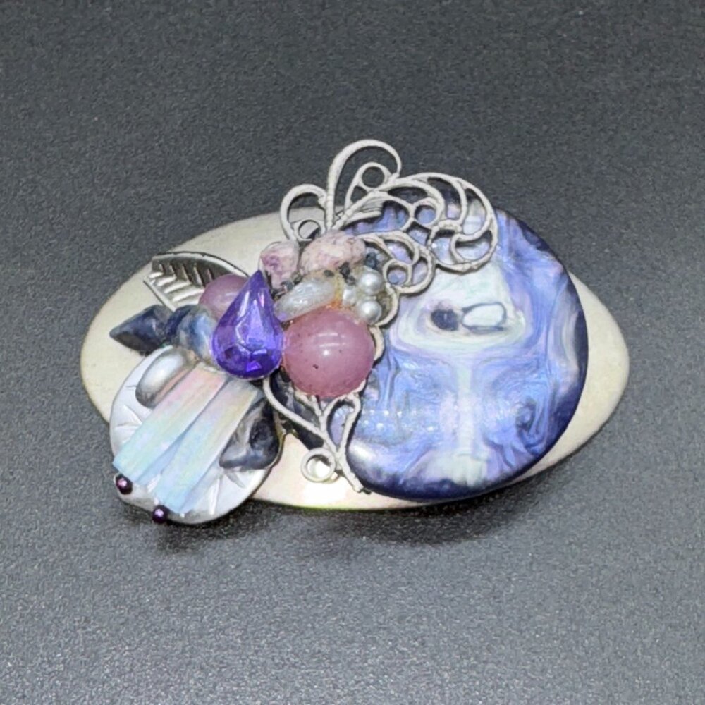 Vintage Artisan Brooch Silver & Purple Tones Mother of Pearl Shell Beads *READ*
